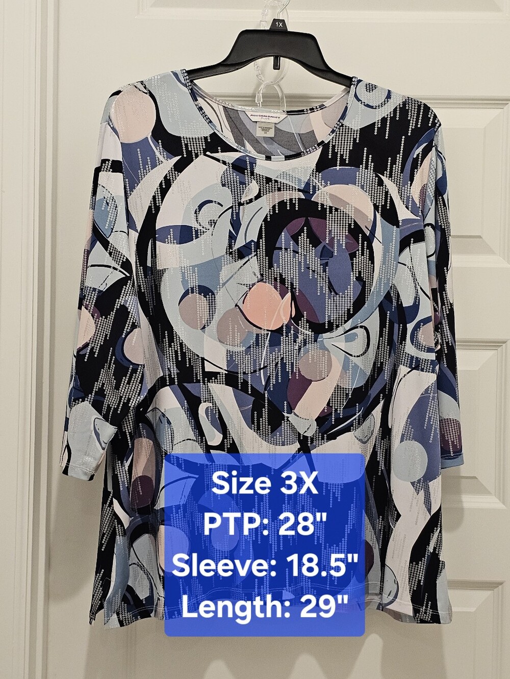 Allison Daley Plus Blue Abstract Blouse 3/4 Sleeve, EUC, Size 3X